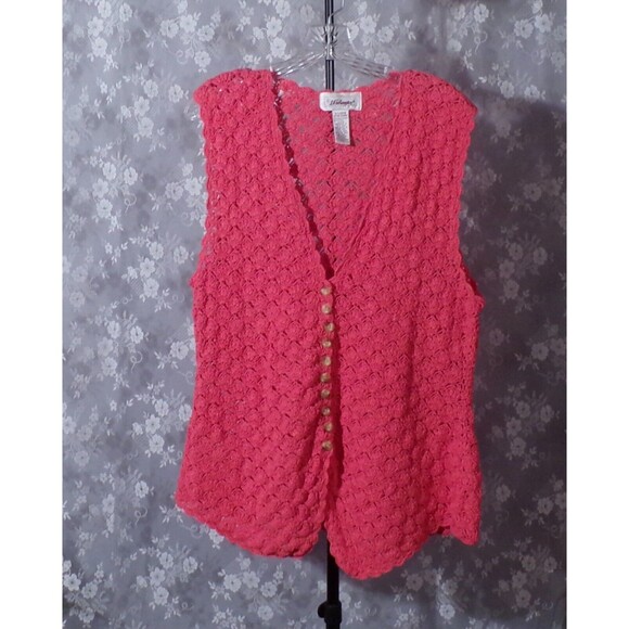 Vintage 90s Crochet Vest 1990s Coral Button Front Knit Whimsigoth Boho Size XL - Picture 1 of 4